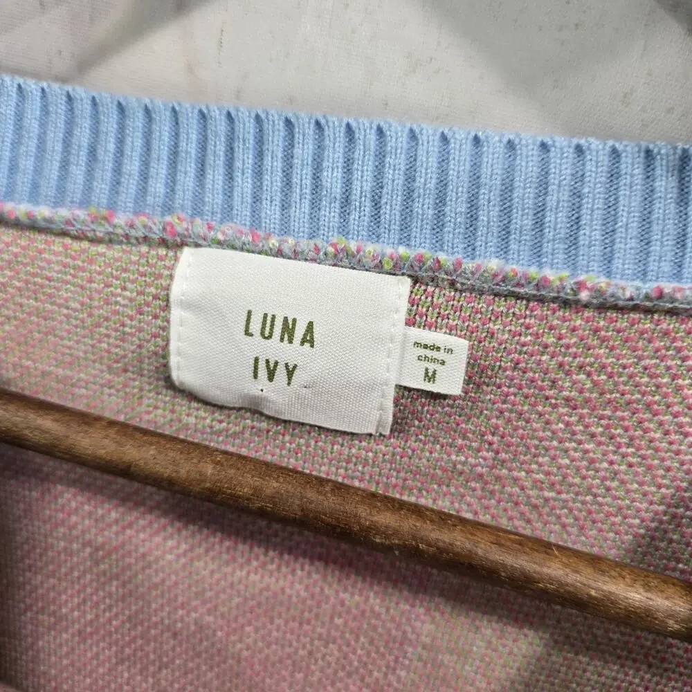 Luna Ivy Sweater Girls Medium Blue Pink Strawbery Checkered Crew T8665